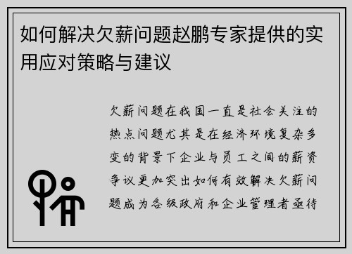 如何解决欠薪问题赵鹏专家提供的实用应对策略与建议