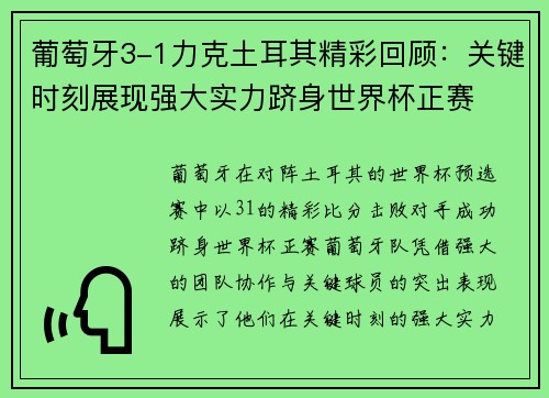 葡萄牙3-1力克土耳其精彩回顾：关键时刻展现强大实力跻身世界杯正赛