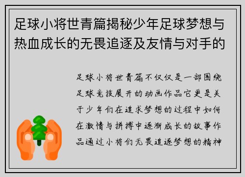 足球小将世青篇揭秘少年足球梦想与热血成长的无畏追逐及友情与对手的激情碰撞